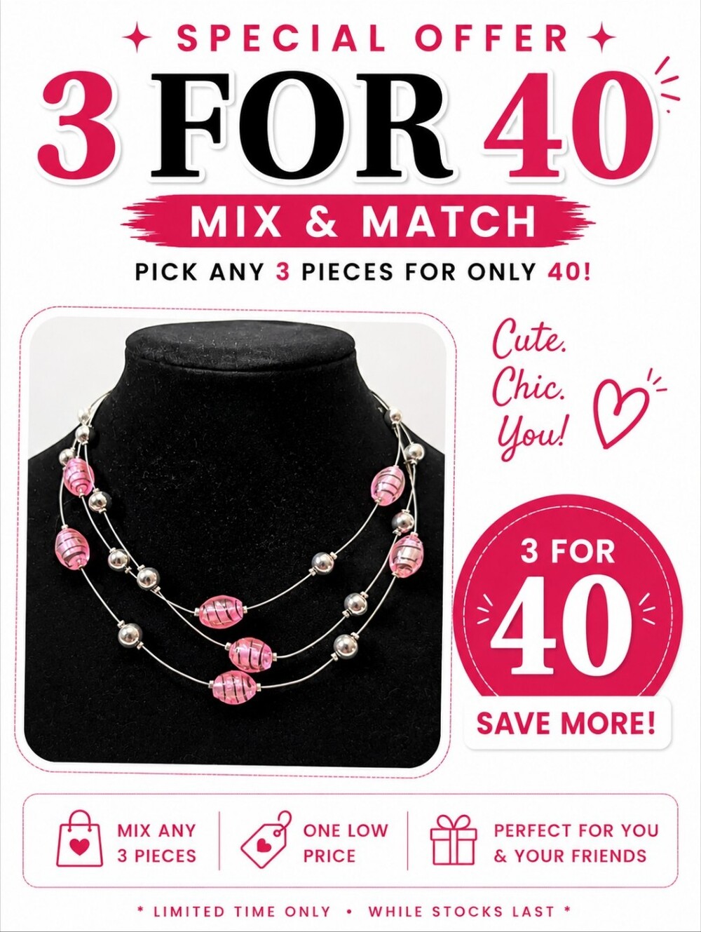 Multi-Strand Pink Beaded Necklace Silver Tone Layered Statement Fashion Jewelry